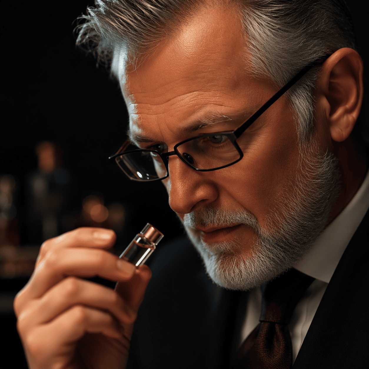 Cinematic, dramatic portrait of a master perfumer (Mr. Samer Qudmani), cropped close, warm amber lighting, dark luxury atelier setting, editorial photography style
