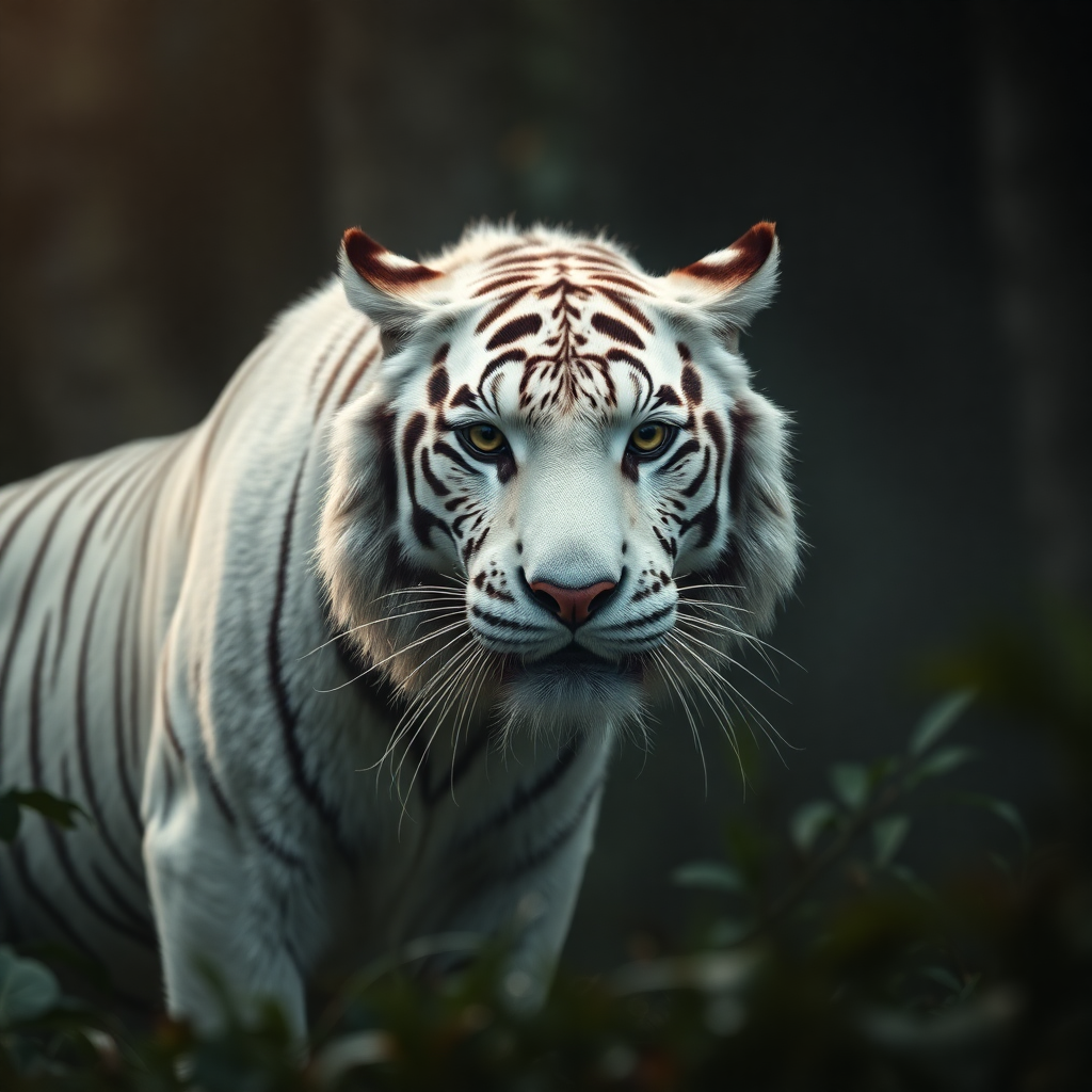 Cinematic dramatic full-bleed image of a majestic white tiger in a misty, dark forest environment, extremely high quality, moody lighting, deep shadows, 8k resolution