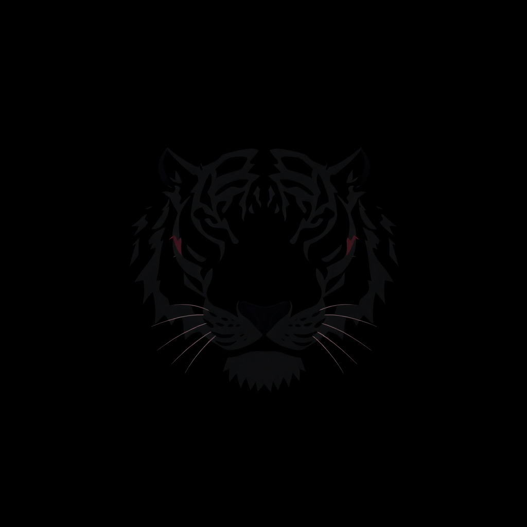 Abstract silhouette of a tiger head, minimal, dark grey on black, very subtle watermark texture