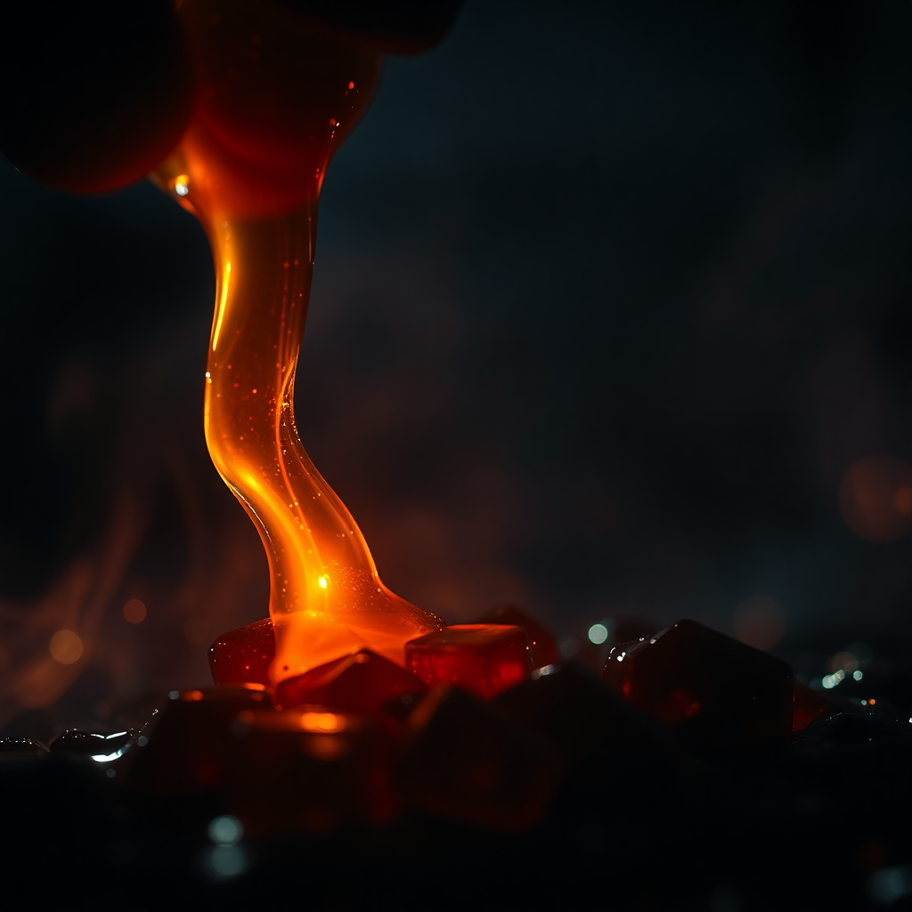 Atmospheric macro shot of dark glowing resin being extracted, moody dramatic lighting, luxury perfume ingredient, dark cinematic aesthetic