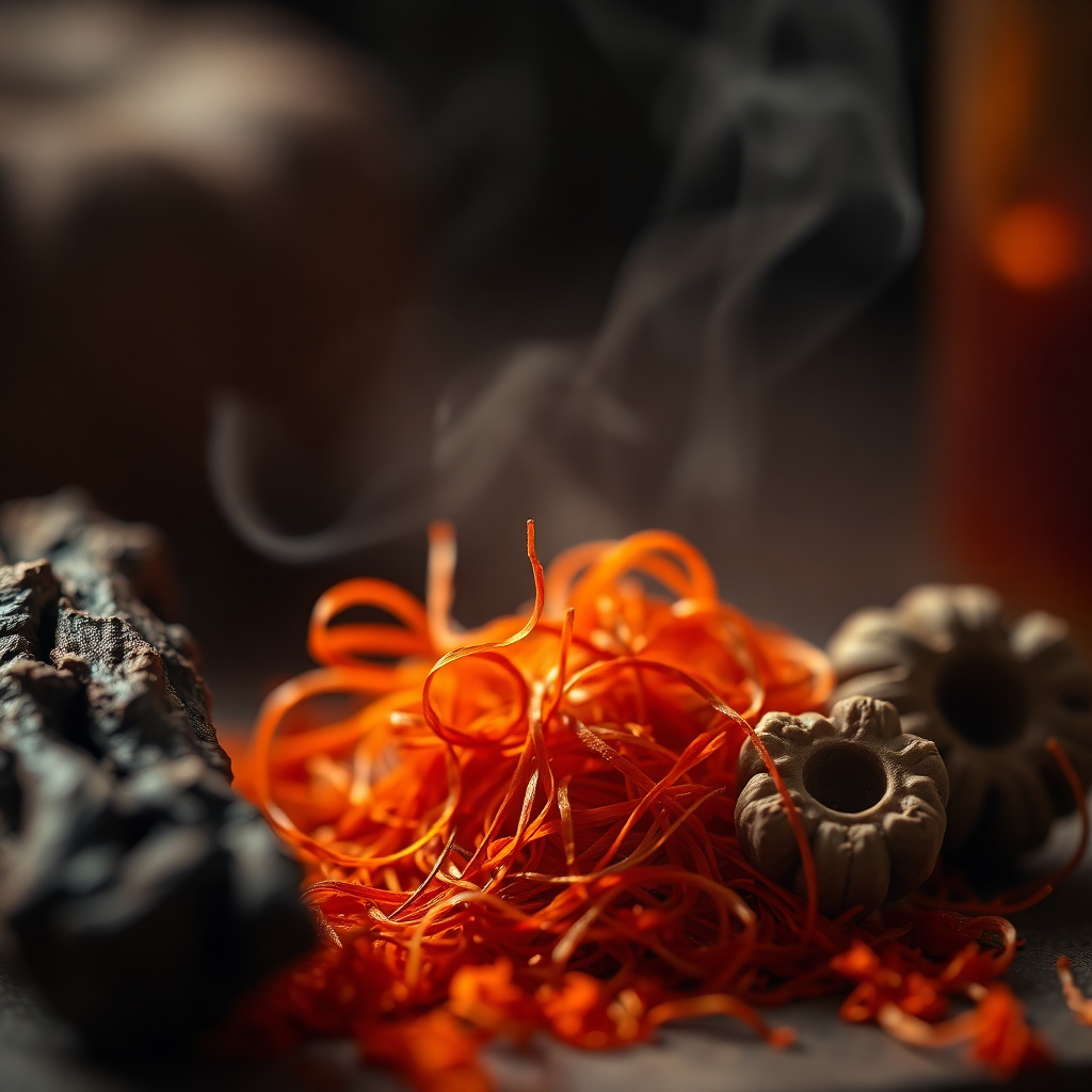 Macro shot of raw ingredients, oud wood and saffron threads, cinematic lighting, rich textures