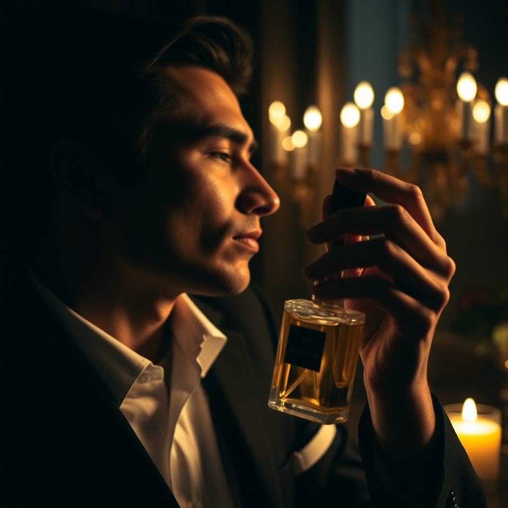 Lifestyle shot of a sophisticated person applying luxury perfume, dark moody atmosphere, gold accents