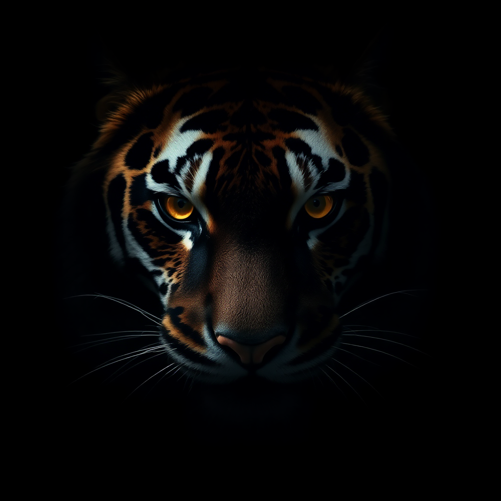 Moody editorial shot of tiger eyes in shadow, representing power and luxury, deep blacks and gold tones