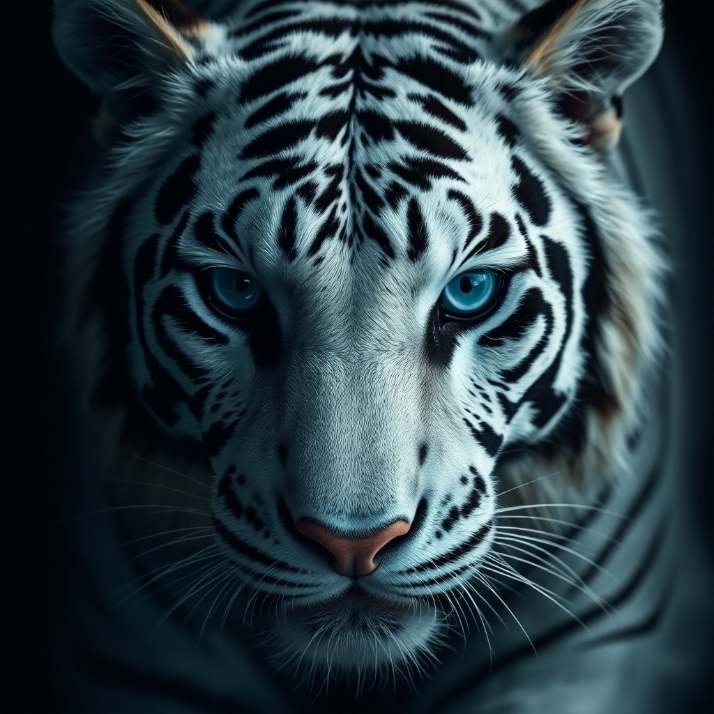 Full-width ultra high quality close-up photo of a white tiger face, intense blue eyes, cinematic dark lighting, dramatic shadows